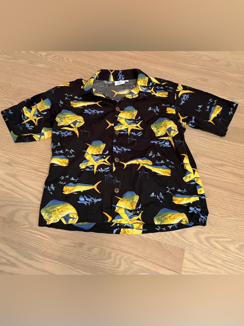 Kids Hawaiian shirt blue yellow fish size 7 button up short sleeve guy harvey